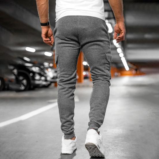 Men Winter Sweatpants Drawstring Waist Fleece-Lined Jogger Pants with Multiple Pockets Solid Color Thick Cargo Pants for Work Street Wear