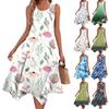 Women's Casual Fashion Round Neck Sleeveless Floral Print Irregular Hem Midi Dress