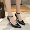 Spring  Autumn Work Shoes for Women Black High Heels Slim Heels Buckle Strap Pointed Toe Medium Heel Soft Sole Single Shoes