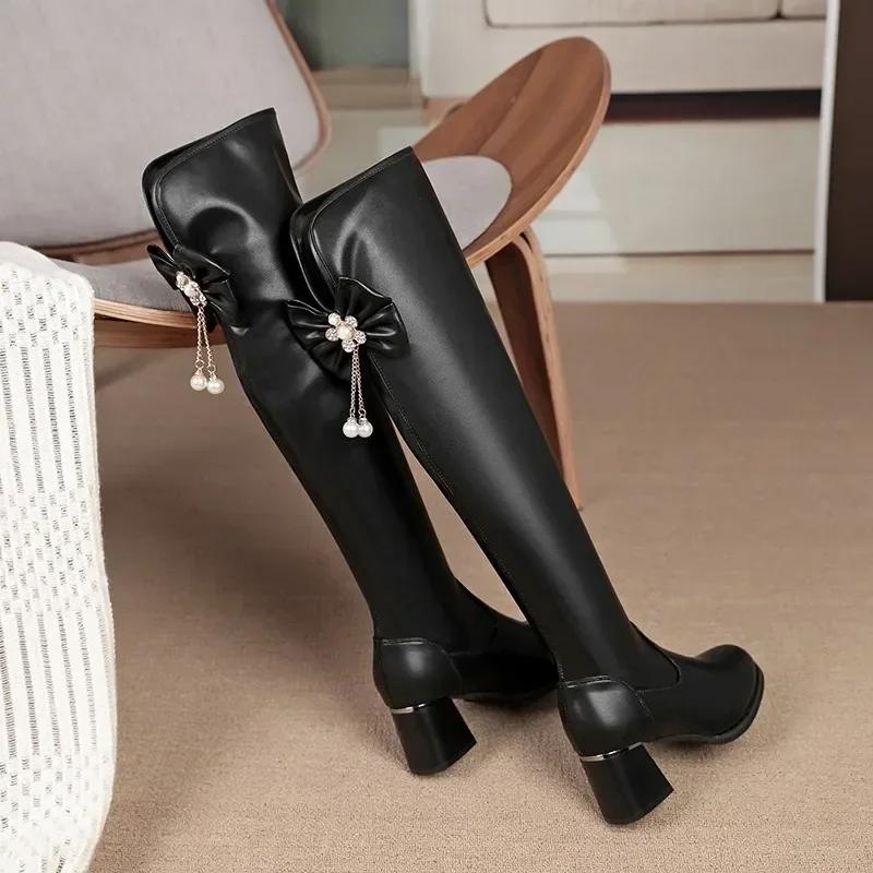 Ladies Shoes 2024 High Quality Back Zip Women's Boots Fashion Butterfly-knot Modern Boots Women New Round Toe Knee-High Boots