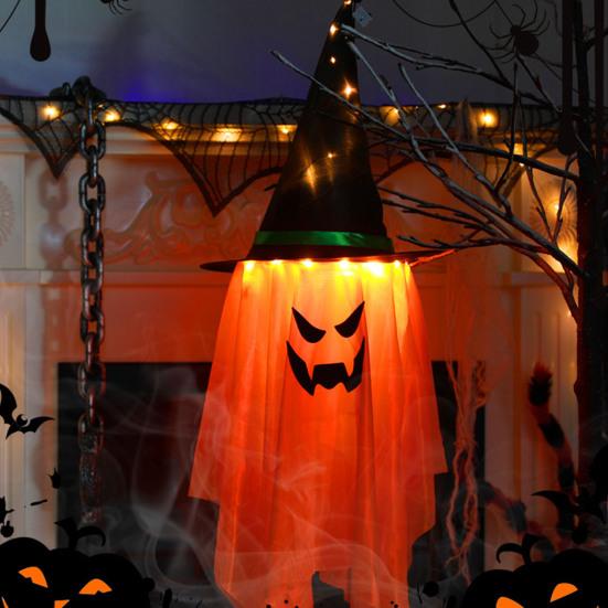 2 Packs Halloween Ghost Lights Outdoor Spooky Hanging Witch Hat Ghost Battery Operated Halloween Lamp for Yard Porch