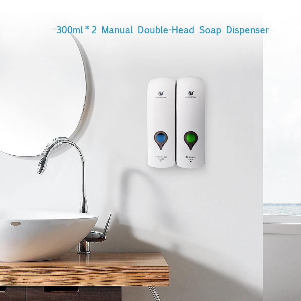 CHUANGDIAN 300ml*2 Wall Mounted Double-Head Manual Soap Dispenser Shower Gel Liquid Shampoo Dispenser Holder
