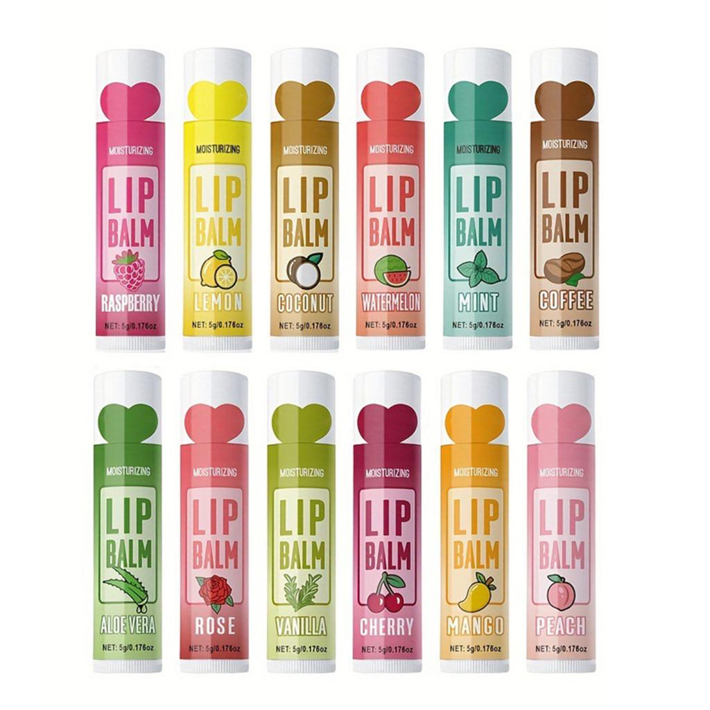 12Pcs/Box Deep Moisturizing Lip Balm 5g Long-Lasting Hydrates Nourishes Repair Lips Balm 12 Flavors Protects Heals Nourishing Lip Care