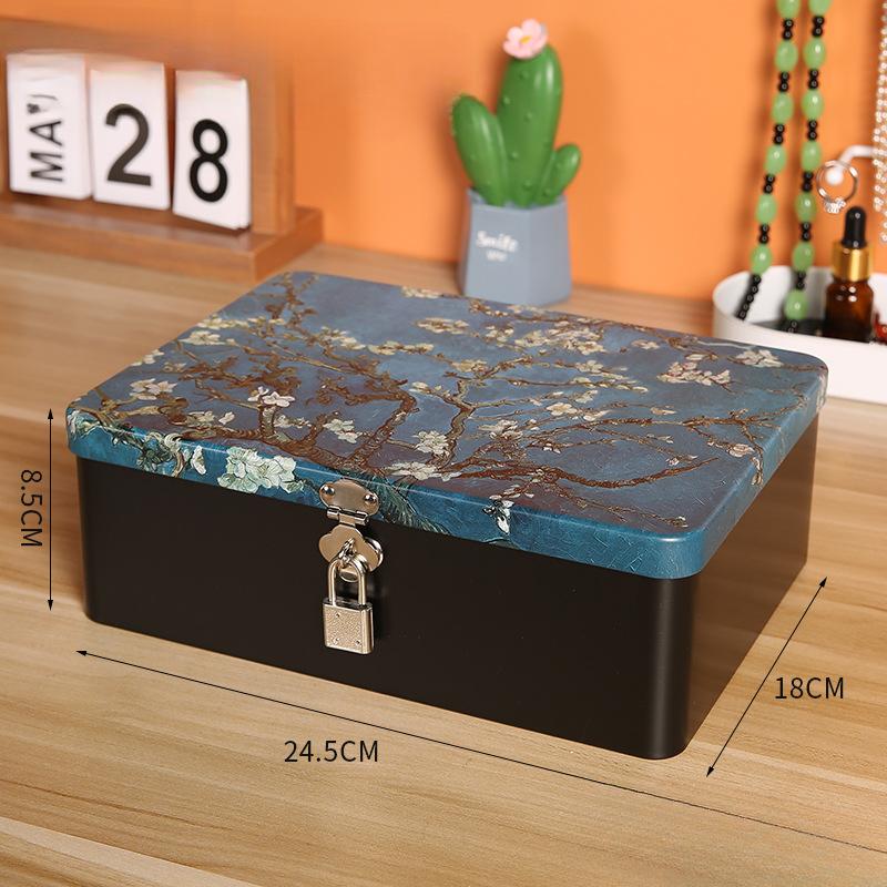 Tinplate Box with Lock Key Desktop Storage Box Cosmetics ID Storage Household Jewelry Empty Box