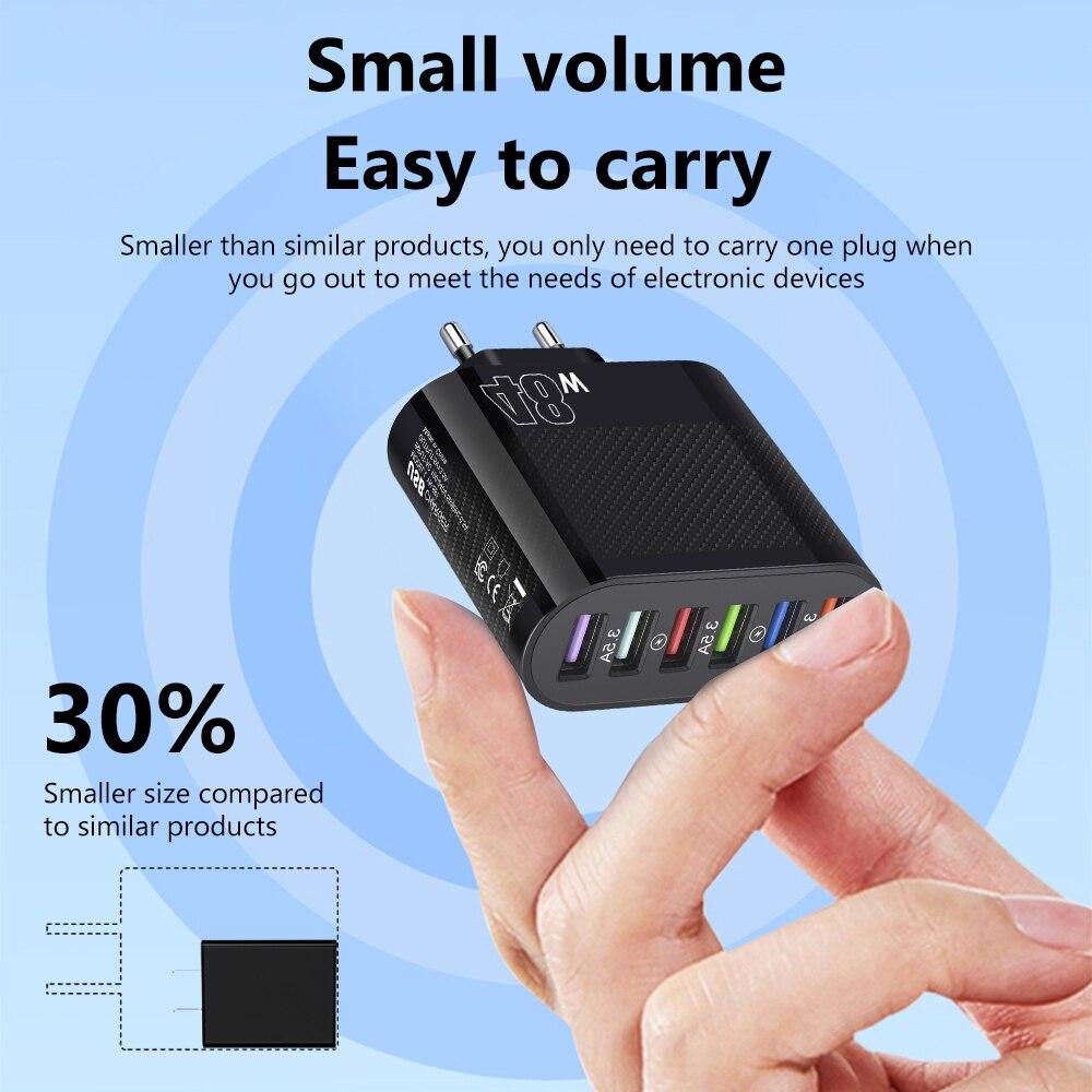6 Port USB Charger PD 6 In 1 Fast Charging Mobile Phone Charger Adapter For Cellphone QC 3.0 Multi Ports Wall Charger US/EU Plug
