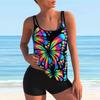 Women's Shoulder Strap Swimsuit Multicolored Graffiti Print Bikini Tankini Swimsuit