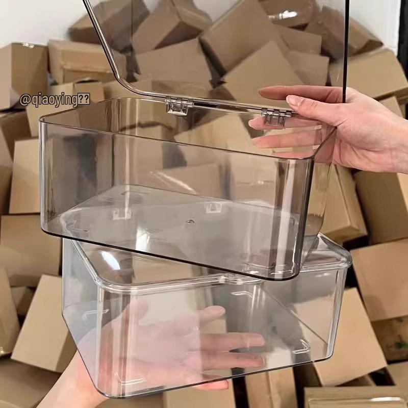 Transparent Acrylic Flip-Top Storage Box with Lid - Dustproof Organizer for Bedroom, Dorm, or Office.
