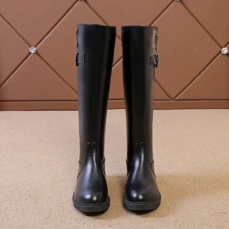 2025 Women's Winter Boots Black Round Toe Low Heel Knee High Boots for Women Belt Buckle Leisure Warm Riding Boots Bota Feminina