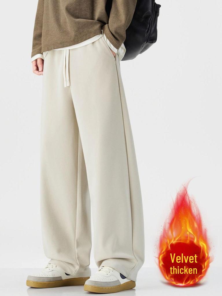 Fleece-Lined Retro Japanese Knit Sweatpants - Loose, Thick, Wide-Leg, Men's Casual Pants for Autumn/Winter