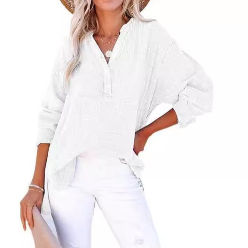 Spring and Autumn Pleated Button Long Sleeved Solid Color Top Women's Shirt Loose Pure Cotton Pullover