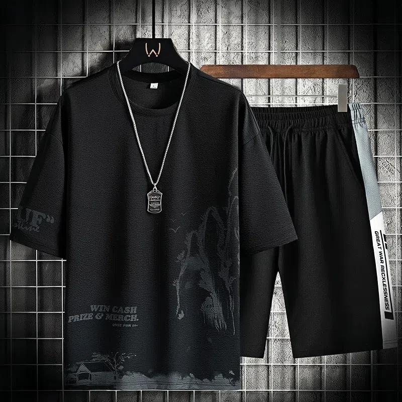 Summer Two Piece Set Men Harajuku Printed Tracksuit Short Sleeve Shorts Sets Mens O-Neck Breathable Casual Sportswear Clothing