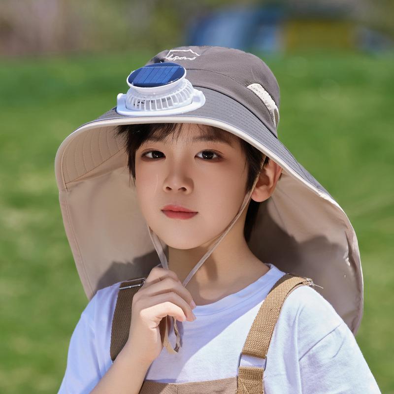 Children's hats summer boys and girls outdoor sun protection hat eaves shawl bucket hat solar fan sun hat