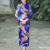 Women Dress Chinese National Style Floral Print Stand Collar Three Quarter Sleeves High Side Split Chinese Knot Buttons Cheongsam Satin Silky Slim