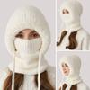 Women Winter Hat with Integrated Scarf Cold-proof Front Cover Thick Knitted Warm Solid