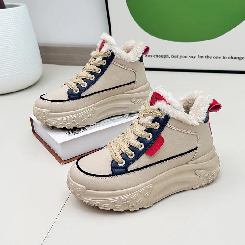 Fashion Sneakers Ladies Snow Boots 2024 Platform Round Toe Leather Chunky with Laces Lace-up Sports Wedge Heel Female Shoes Boot Spring