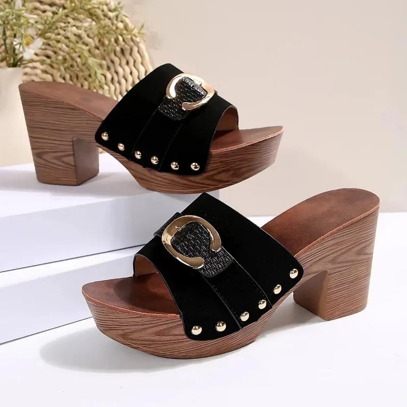 2024 Summer High Quality Women's Shoes New Open Toe Fashion Large Size Solid Color Thick Heel Buckle Women's High Heel Slippers