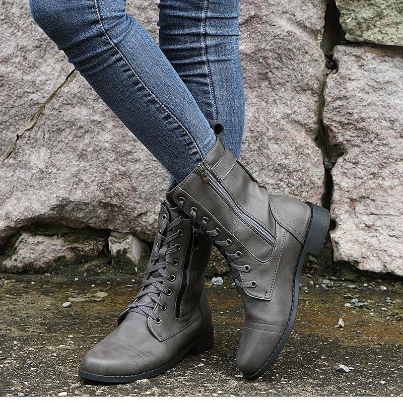 Retro Autumn/Winter Women's Western Cowboy Boots Lace Up Solid Color Side Zipper Low Heel Mid Calf Motorcycle Boot Goth Shoe