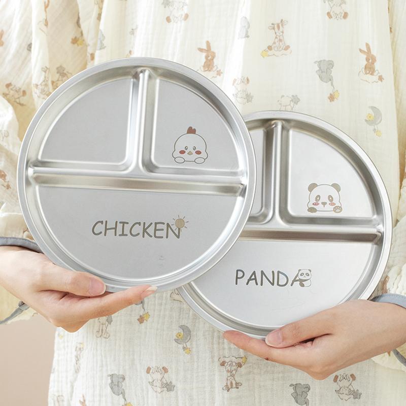 Round Dining Plate 304 Stainless Steel Food Plate Divided Breakfast Plate 3 Grids Cute Tableware Stackable Fruit Salad Plate Set