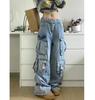 Autumn Winter Ladies Cargo Jeans American Street Style Baggy Cargo Pants Women Blue Multi Pocket Wide Leg Jeans Women