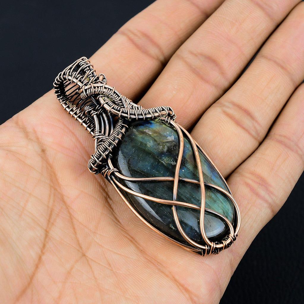 Labradorite Pendant, Handmade Gemstone 999 Copper Wire Wrapped Pendant Antique Jewelry, For Gift Silver Jewelry