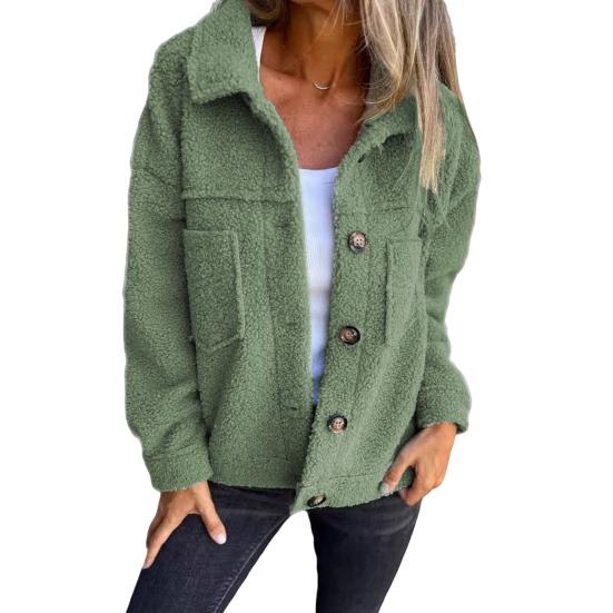 Winter Women Jacket with Double Pockets Thick Fleece Button Closure Cardigan Long Sleeves