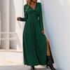 Women Fashion Spring Autumn Long Sleeve Lacework V Neck Solid Color High Split One Piece Dress