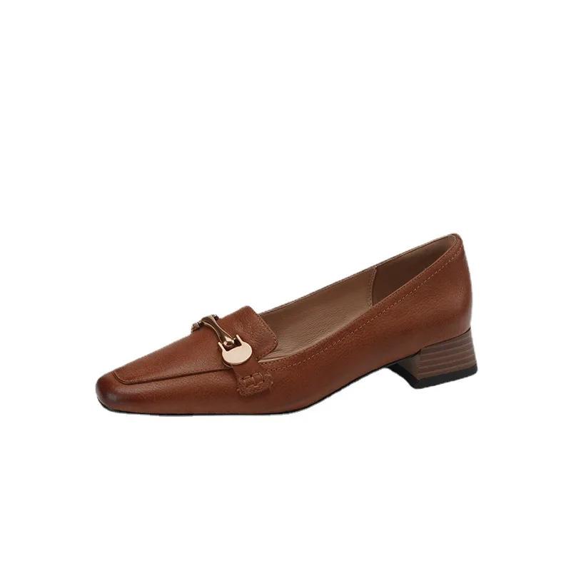 2024 True Soft Leather Single Shoes Women 2024 Spring New Square Head Middle Heel Shoes Thick Heel Soft Leather Women Shoes