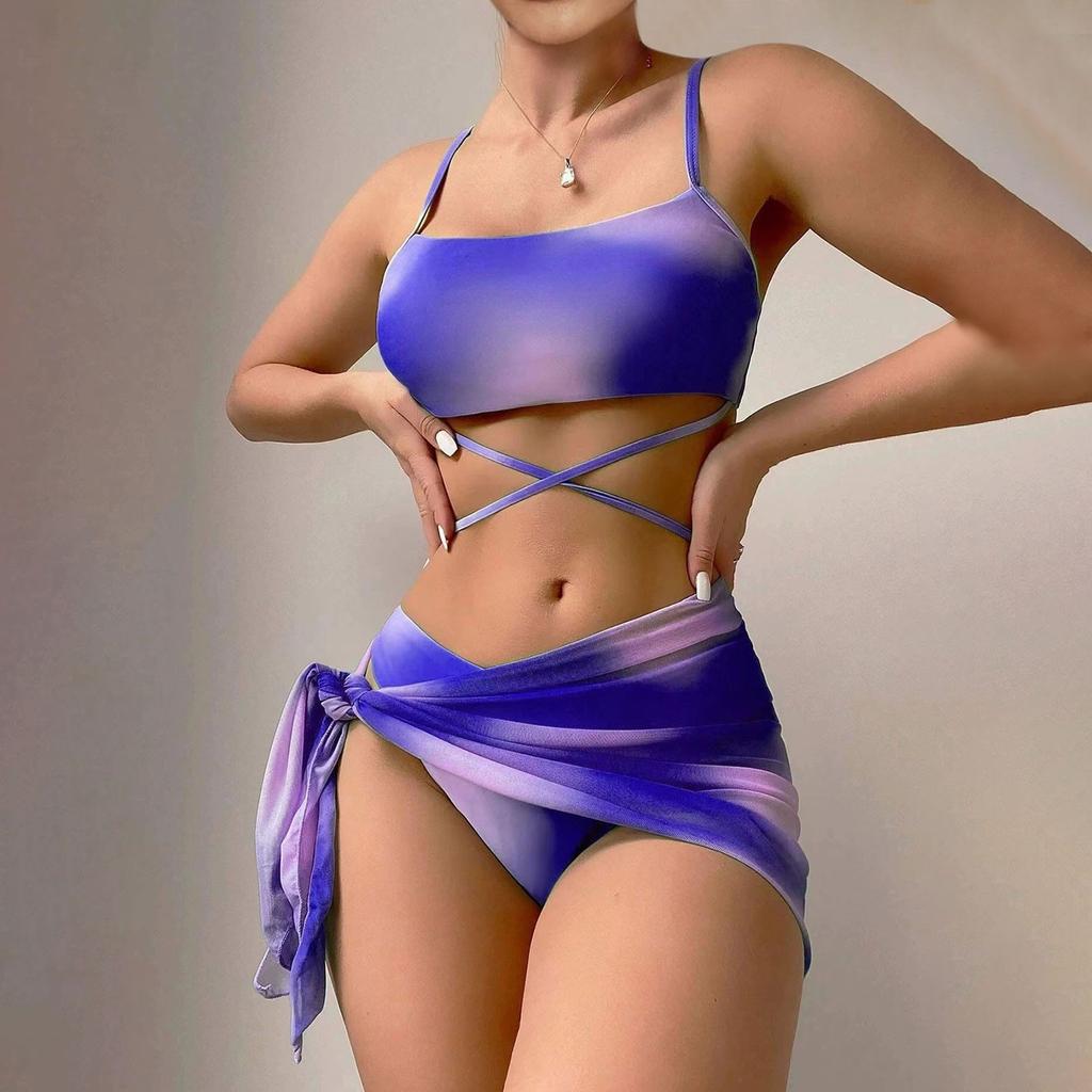 Women's Solid Color Swimsuit Women's Split Thin Strap High Waist Swimsuit Cover-up Four-Piece Set