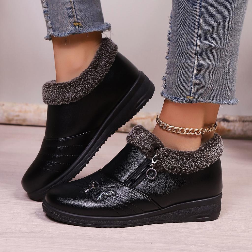 Autumn and Winter New Fashion Versatile Cotton Shoes Women's Flat Bottom Non-slip Casual Soft Sole Warm Side Zipper Cotton Shoes Women
