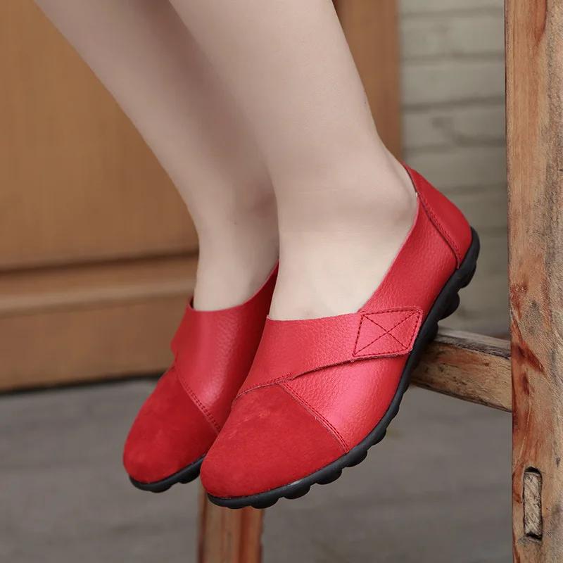 Woman's Flats Loafers Shoes Soft Genuine Leather Casual Shoes Big Size 35-44 Mocassin Boat Shoes for Women Hook Loop De Mujer