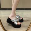 Rhinestone One-word Slippers for Women's Summer Wear 2025 New Small Man Height Increase Thick Bottom Fashion Beach Cool Slippers for Women