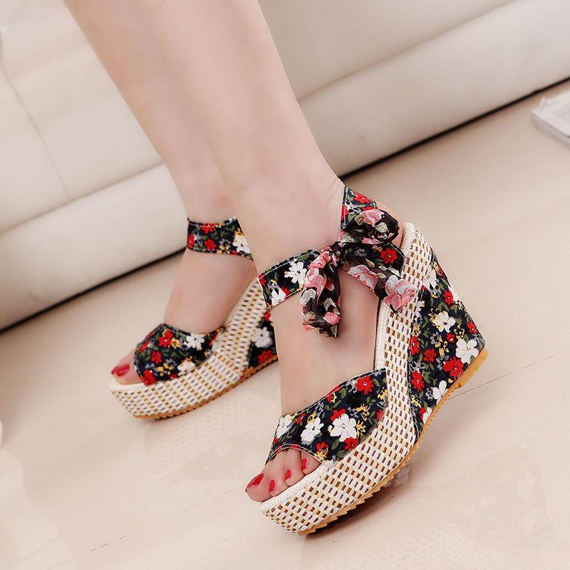 Sandals for Women Wedges Heel Bow Super-high Print Woman Shoes Korea On Offer Sandal Sales 2025 Luxury The Best Wholesale Shoe