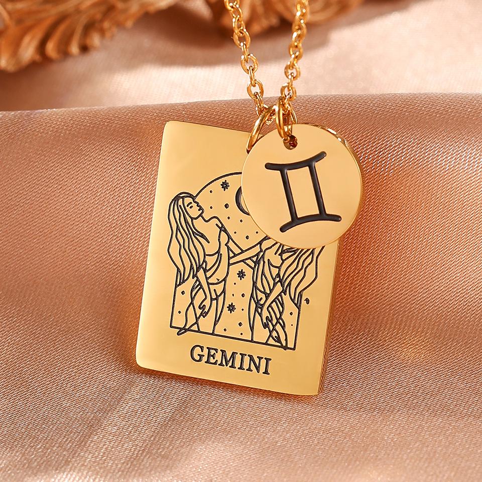 Htpwe Stainless Steel Twelve Zodiac Signs Pendant Necklace Women's Plated 18k Gold Couple Holiday Gift Necklace Party Zircon