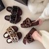 Thick-bottomed Fluffy Slippers for Women To Wear Outside Autumn and Winter Square Head Retro Leopard Print Comfortable Versatile Slope Heel One-word C