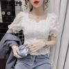Summer Fashion Short Sleeve Ruffled Edge Tops Have Design Niche Square Collar Slim Chiffon Shirt Fashionable Short Bubble Sleeve T-shirts