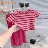 Girls Clothing Set Summer Korean Children Set Girls Stripe Knitted Short Sleeve+Red Wide Leg Pants 2 Sets