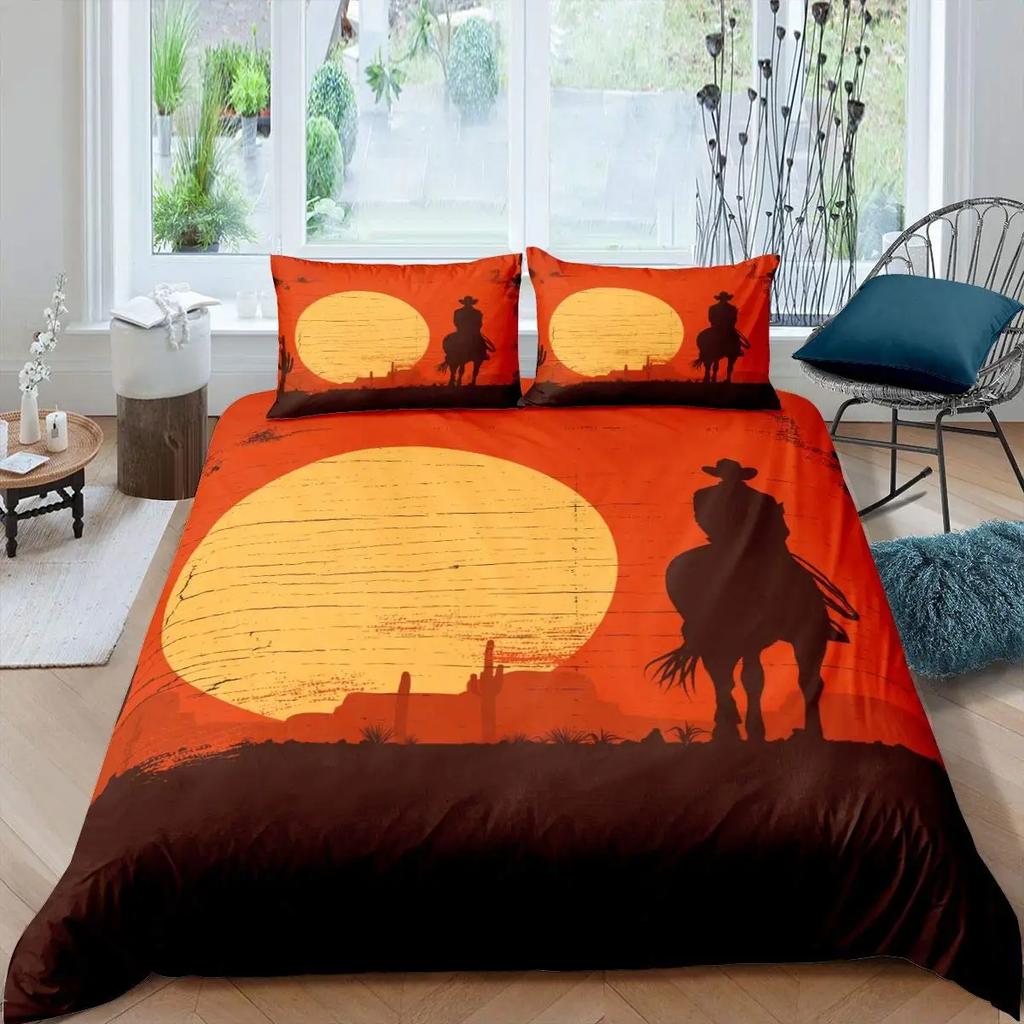 Western Cowboy Duvet Cover Set Vintage Farmhouse Bedding Set For Kids Boys Teens Queen Size Soft 2/3pcs Polyester Quilt Cover