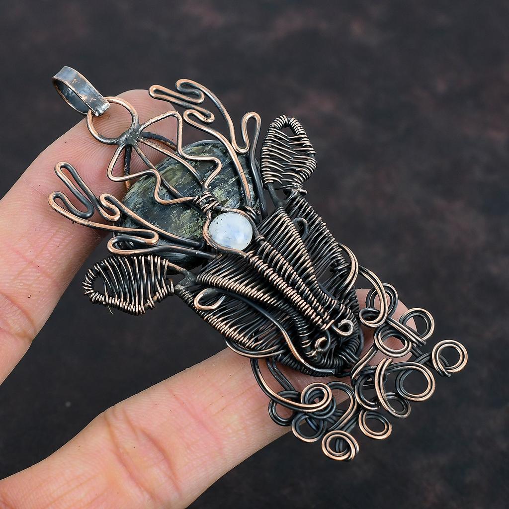 Kyanite Pendant Copper Wire Wrapped Rainbow Moonstone Pendant Gemstone Jewelry Deer Face Pendant Handmade Pendant Very Pretty Copper Jewelry