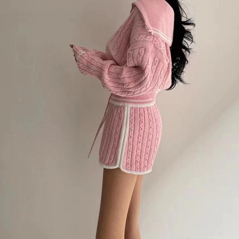Autumn Winter Women Casual Twist Knitted Sweater Pant Two Piece Set Full Sleeve Zipper Pullover Tops and Elastic Waist Shorts Tracksuit