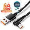 6A 66W Type C USB Fast Charging Cable for Xiaomi Redmi Honor OPPO Realme POCO USB C 90 Degree Elbow Charger Cable