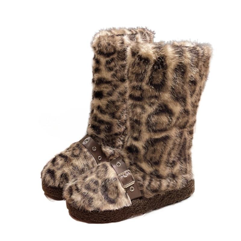 Leopard Fur Platform Women Snow High Boots Suede Plush Cotton Mid Heels Shoes 2025 Trend Winter Mid Calf Casual Warm Botas Mujer