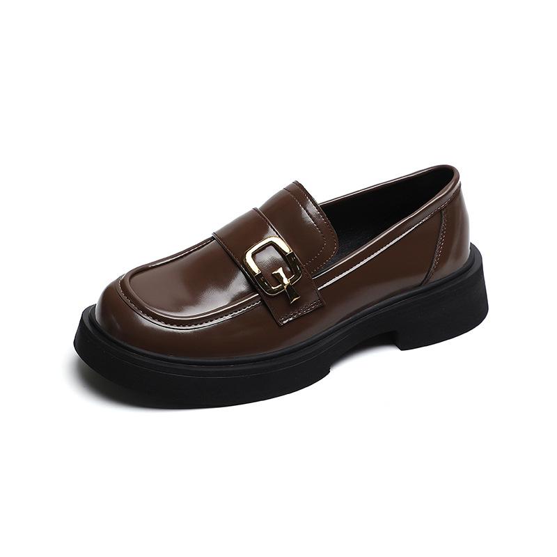 A Straight Strap Square Buckle, Thick-soled Block Heel, Square Round Head, Loaf, Small Leather Shoes, Women's Spring and Autumn