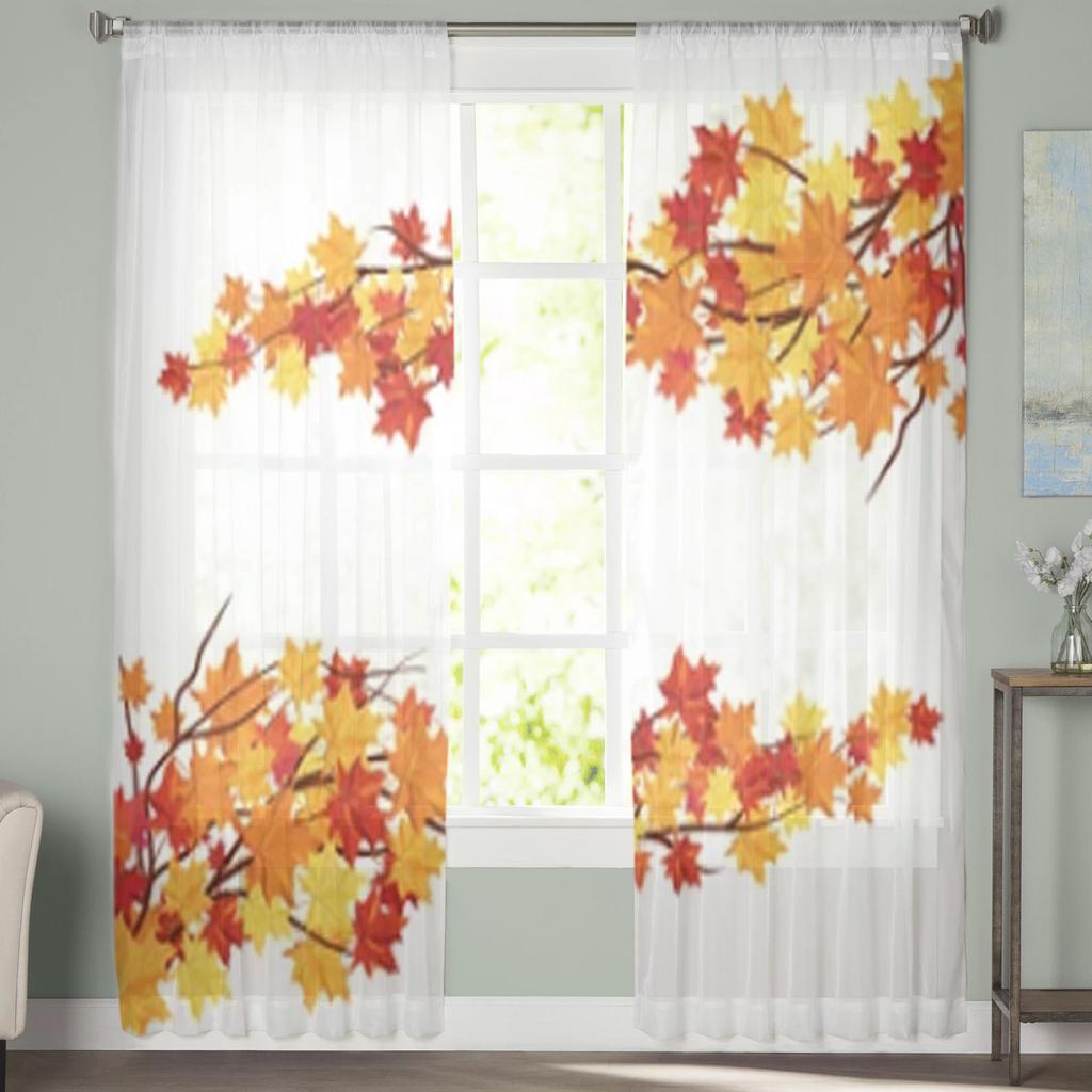 Autumn Maple Leaves On Branches Sheer Curtains For Living Room Window Transparent Voile Tulle Curtain Bedroom Drapes Home Decor