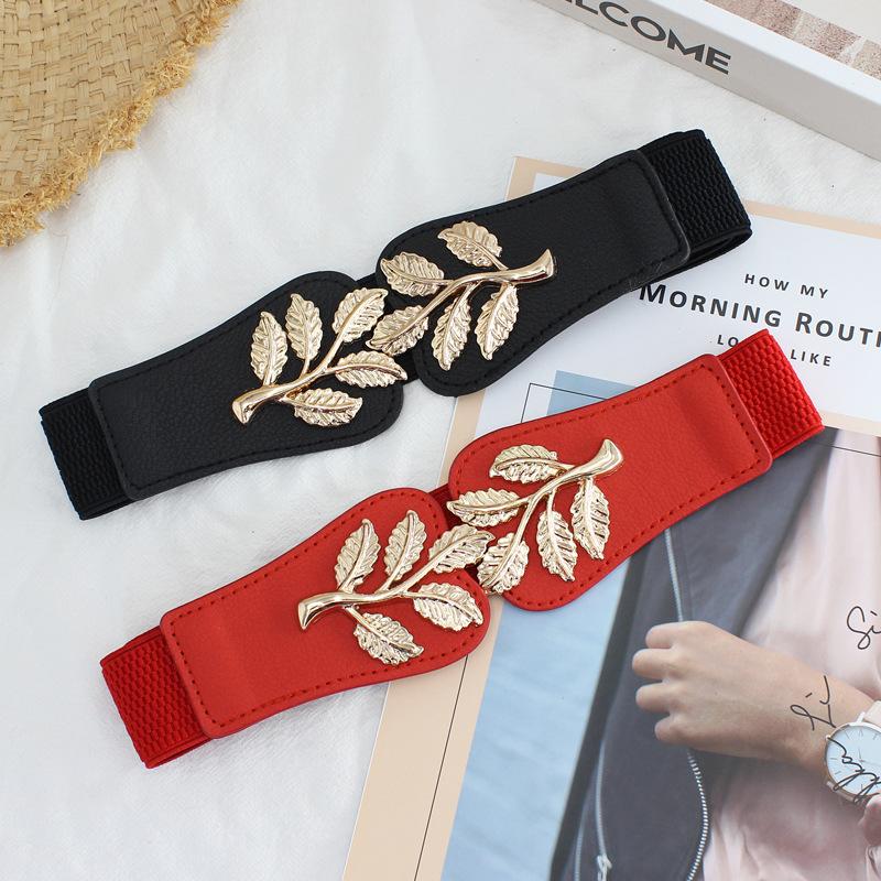 Gold Leaf Pair Buckle Elastic Belt Women'S Dress Decorative Fine Elastic Waist Seal Three Sizes