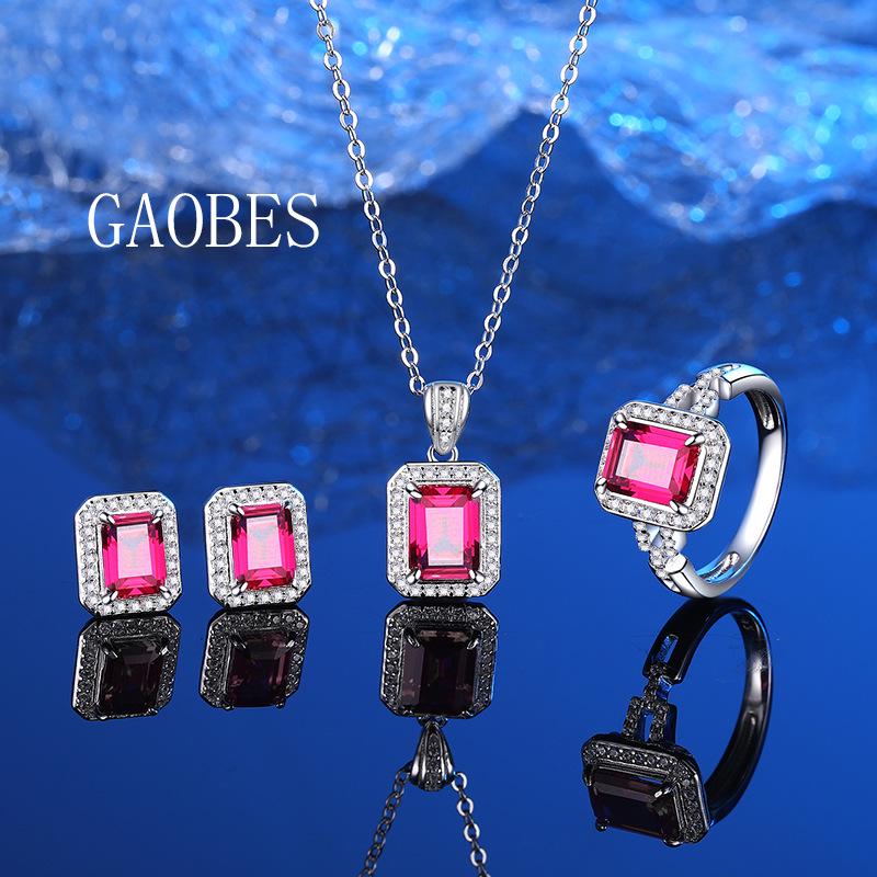 S925 Sterling Silver Ruby Pendant Necklace, Ring, and Stud Earrings Set - Simulated Pigeon Blood Red