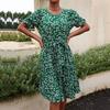 Women Summer Green Floral Print Pleated Dress Short Sleeve O Neck Lace Up