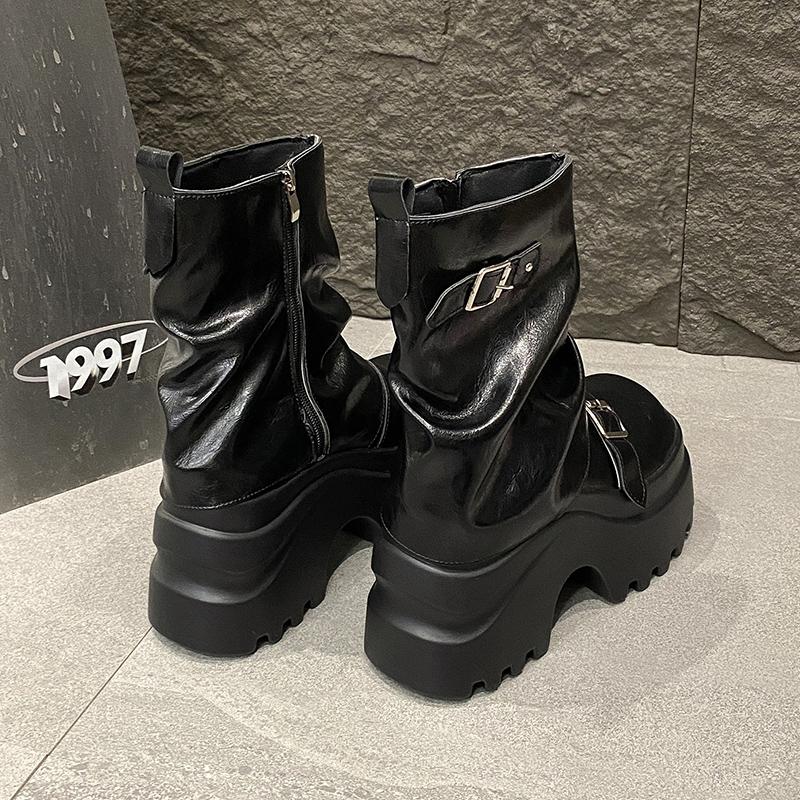 Fashion Women Leather Boots New Winter Motorcycle Boots 9.5CM Wedge Heels High Platform Chunky Shoes Woman Autumn Thick Sole Punk Boots