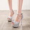Trend Fashion Metal Sequin Banquet Shoes Stiletto Fish Mouth Hollow Waterproof Platform Buckle Sandals High Heels