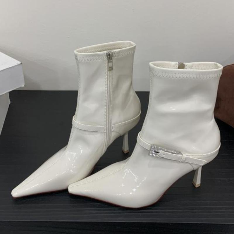 Luxury Crystal Buckle Design Sexy Pointed Toe Women's Ankle Boots Patent Leather Side Zipper Short Boots Ladies Banquet Heels