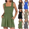 Women's Summer Rompers Square Neck Sleeveless Smocked Dressy Casual Romper Dresses Beach Outfits With Pockets